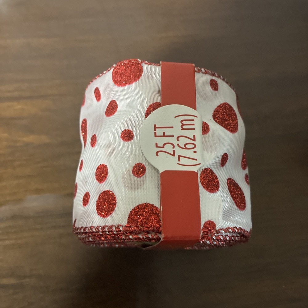 8 Yards Polka dot Glitter Wired Edge Ribbon - Red, white